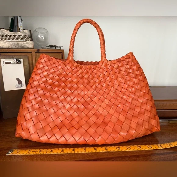 Dragon Diffusion Santa Croce Small Orange Woven Leather Tote - Picture 2 of 9